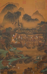 Qiu Ying Ming Dynasty landscape pavilion figure painting treasures vertical axis