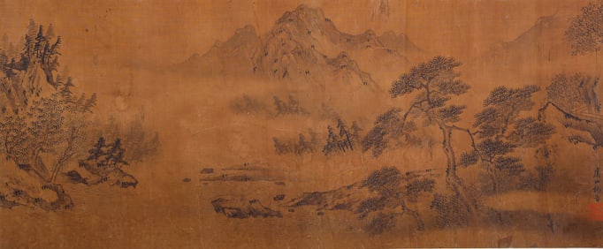 Qing Dynasty Yangjin treasures landscape vertical axis
