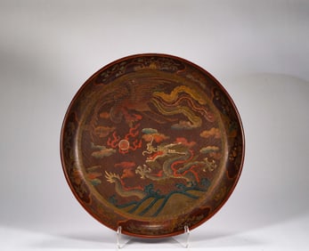 Qing Dynasty lacquerware dragon and phoenix pattern appreciation plate
