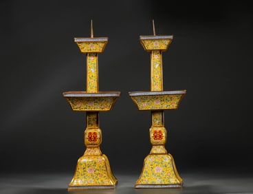 Qing Dynasty copper enamel candle holder pair