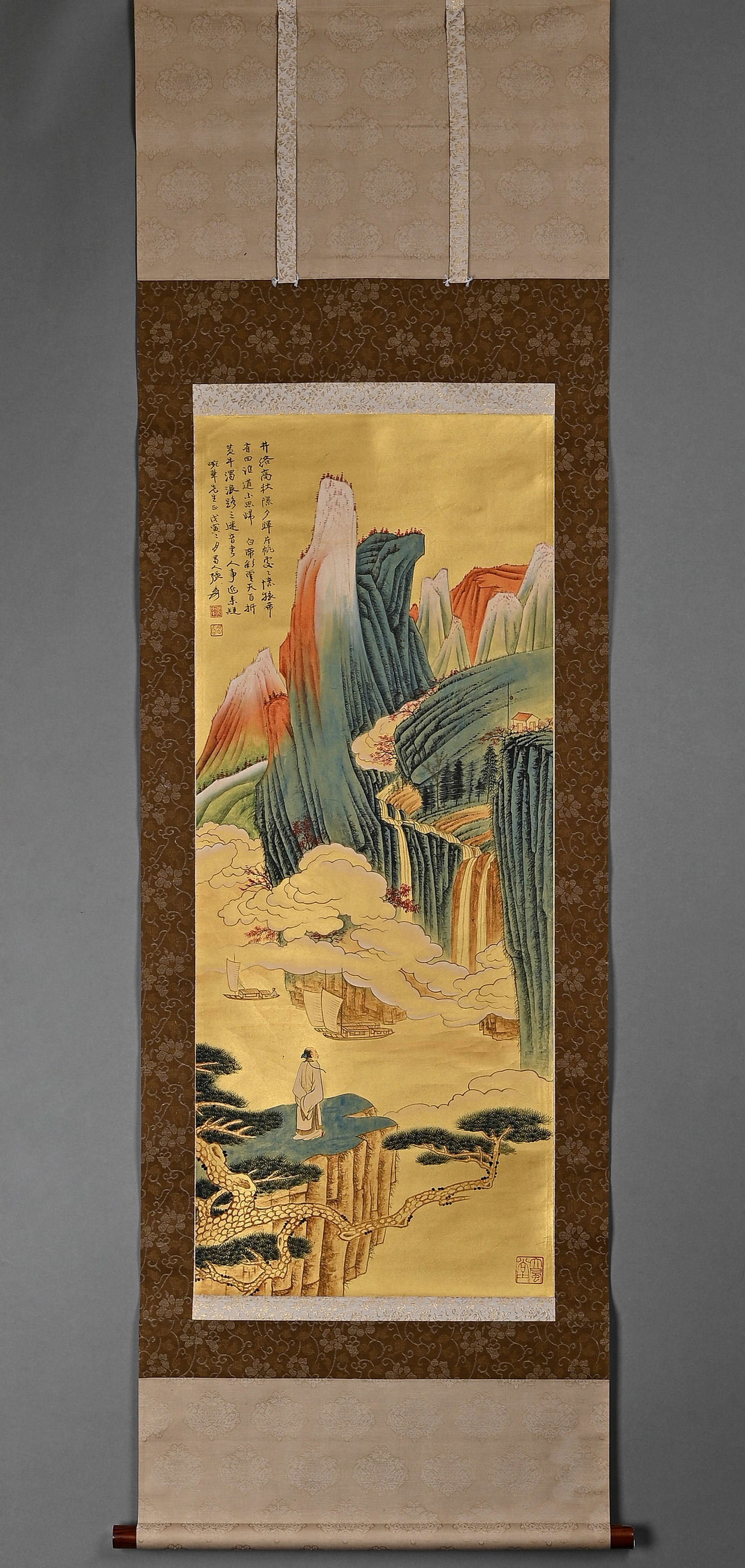 Zhang Daqian green landscape map gold foil paper vertical axis: 100cmX41cm