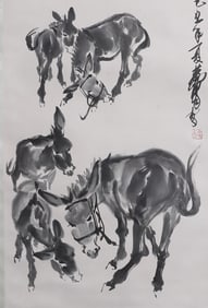 Huang Zhou Five Donkeys Painting Vertical Axis
