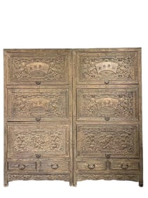 Yellow Pear Carved Lion Painting Cabinet