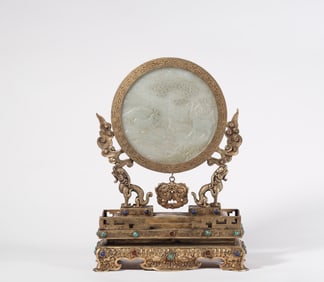 Qing Dynasty Bronze Gilt Inlaid Hetian Jade Screen