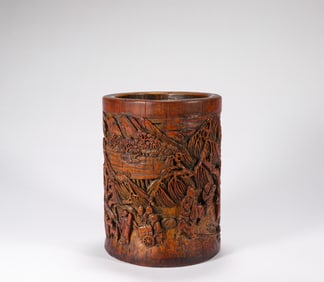 Qing Dynasty Yellow Pear Carved Character Story Pen Container