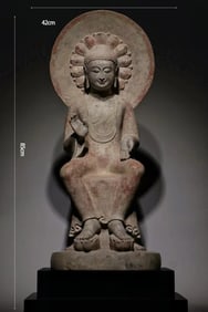 B efore Ming Dynasty Polychrome Stone Buddha Statue