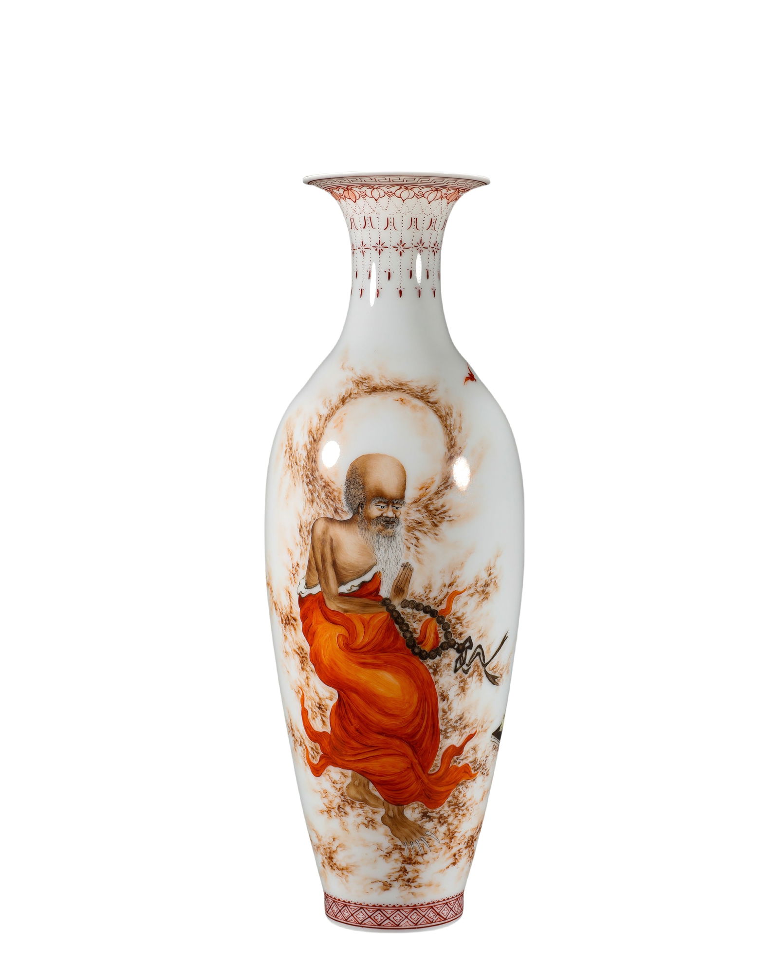 An Alum Red Colored Arhat Porcelain Bottle, Wang Bu's Mark, Calligraphy and Painting (1 of 9)
