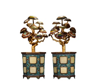 A  P air  Cloisonne   I nlaid with Hetian  J ade  B onsai, Qing Dynasty, China