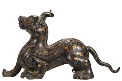 A  C opper  Inlaid  Gold and  S ilver  Auspicious   B east, Han Dynasty, China