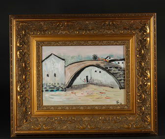 An  O il  P ainting of Jiangnan  W ater  Town , Wu Guanzhong's  M ark, China