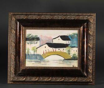 An O il  P ainting of Jiangnan  W ater  V illage,  Marked by  Wu Guanzhong , China