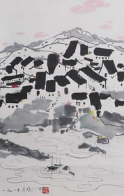 A Painting of Jiangnan Water Village Boutique Vertical Axis, Wu Guanzhong's Mark, China