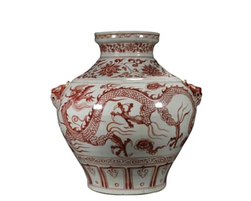 A Yuan  B lue and  W hite  Under glaze  Red   D ragon  P attern  J ar, Yuan Dynasty, China