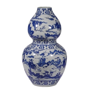 A   P ainted  Figure  Blue and  W hite  G ourd  B ottle , Qing Dynasty, China