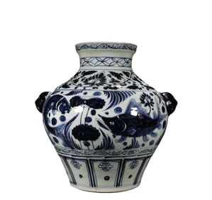 A Yuan B lue and  W hite Fish  Pattern Jar , Yuan Dynasty, China