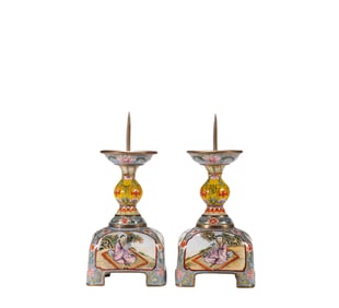 A Pair of Painted Figures Palace Enamel Candlesticks, Qing Dynasty, China