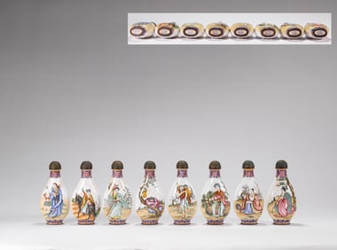 A G roup of  E namel  S nuff  B ottles  P ainted with  M ythical  F igures of  T he Eight Immortals,