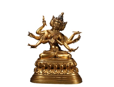 A  B ronze  G ilt  T hree-sided  S ix-arm Guanyin  S tatue, Ming Dynasty, China