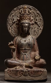 Ming Dynasty blue stone painted backlit Bodhisattva statue