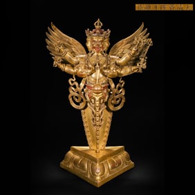 Bronze gilded six armed diamond demon slaying pestle statue from the Qing Dynasty