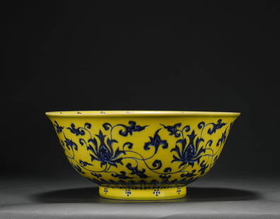 Ming Dynasty Xuande Yellow Bottom Blue and White Bowl: H:8.5cm,W:21.2cm