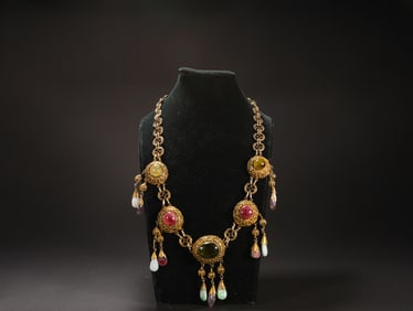 Qing Dynasty copper gilded gemstone necklace