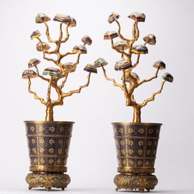 A pair of Qing Dynasty cloisonn é bonsai ornaments