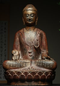 Qing Dynasty bluestone • painted statue of Shakyamuni Buddha