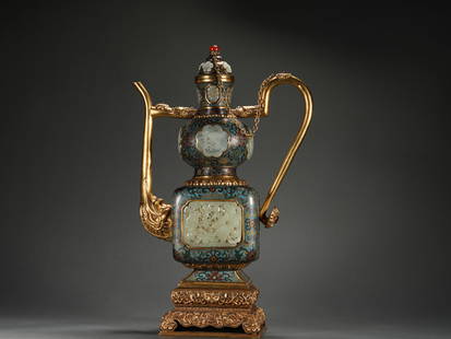Qing Dynasty cloisonne inlaid with Hotan Jade ornamental pot: H:39cm,W:24.5cm,Weight:2430g