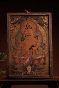 Tangka of the Yellow God of Wealth Statue with Wooden Frame in the Qing Dynasty