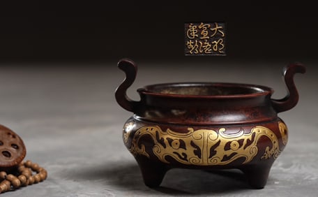 Qing Dynasty Purple Copper Gilded True Gold Double Eared Incense Burner