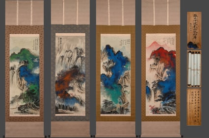 Zhang Daqian splashed colorful landscape paintings on four screens, paper books, vertical scrolls,