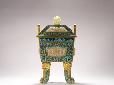Qing Dynasty Qianlong Cloisonne inlaid with Hetian jade incense