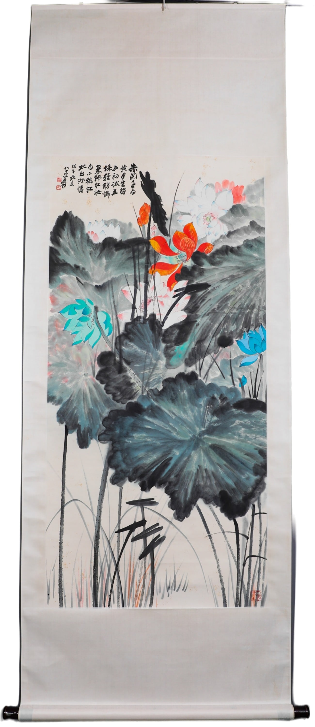 ZHANG DAQIAN SPLASHED COLOR LOTUS VERTICAL SCROLL (1 of 5)