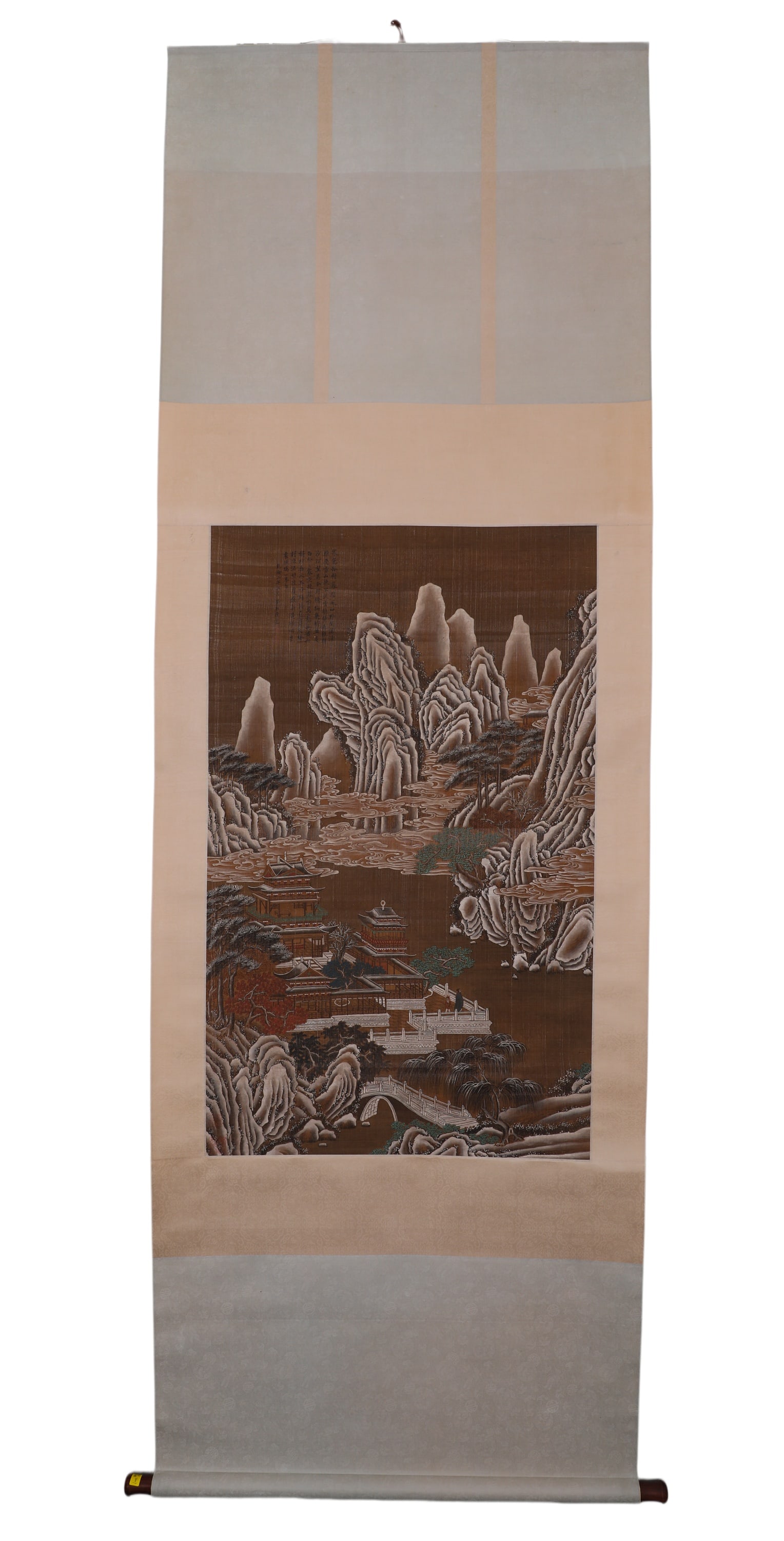 ANONYMOUS SNOW MOUNTAIN PAVILION SCROLL: H:110cm (43.31in) W:67cm (26.38in)English: Following the style of Song Dynasty snow landscape painting, this work depicts towering snow-covered mountains, cloud streams and exquisite pavilions. Mounta