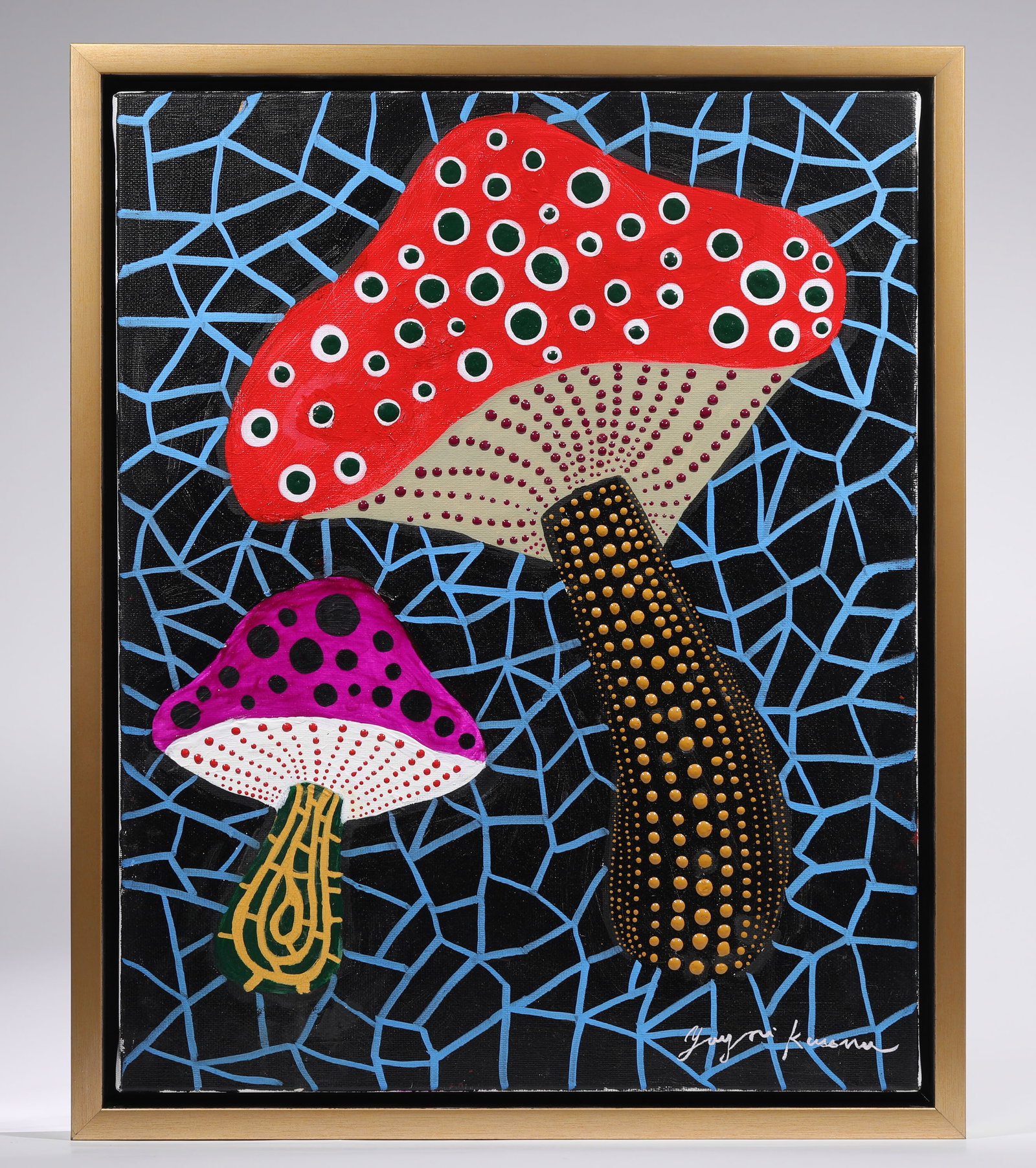 YAYOI KUSAMA (B.1929),ATTRIBUTED TO,ACRYLIC ON CANVAS: H:50cmW:40cm H:55cmW:45cm