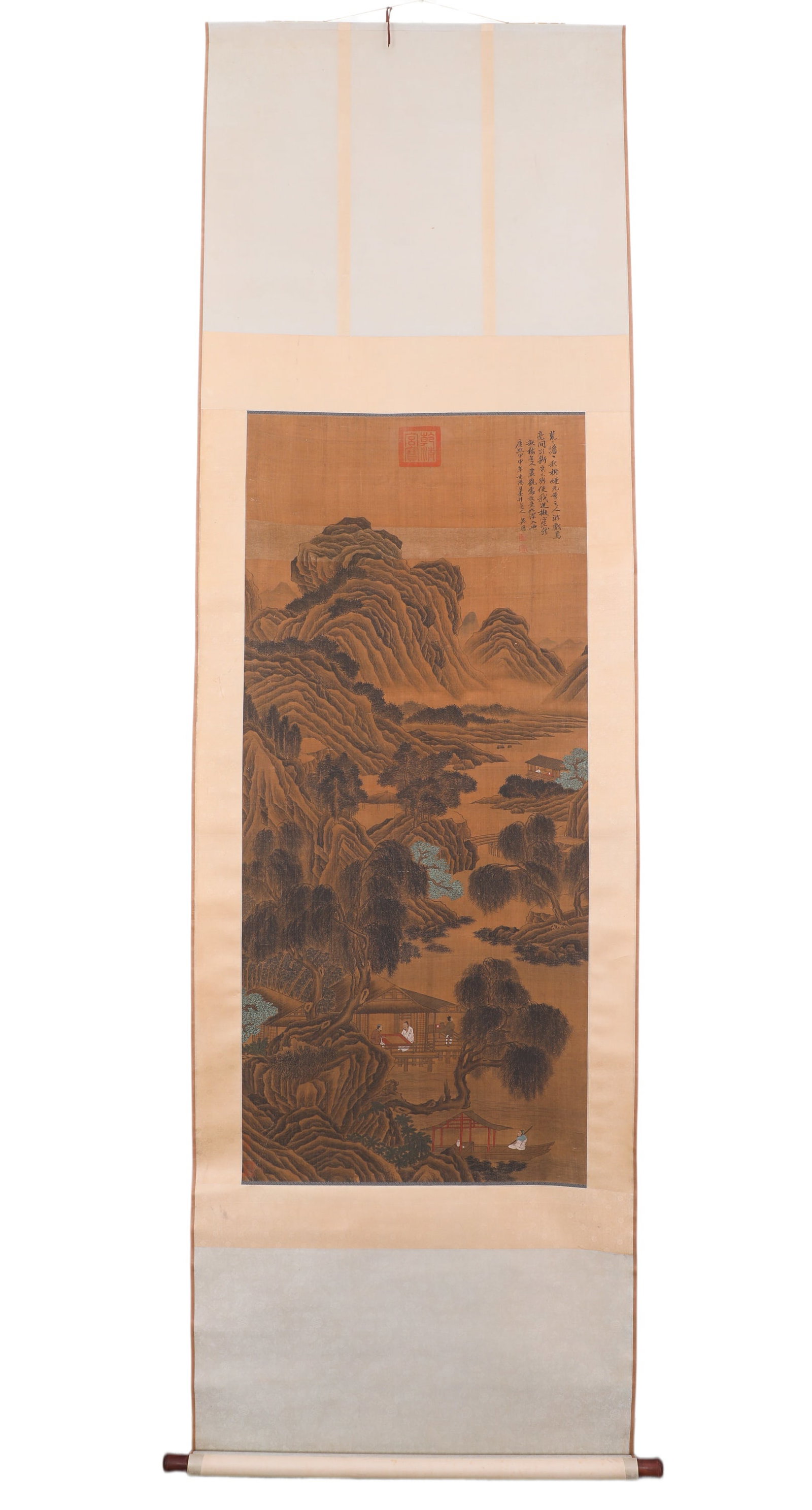 A VERTICAL SCROLL DEPICTING LEISURELY LIVING IN THE MOUNTAINS AND STREAMS (1632-1718) OF THE WU: H:150cm (59.06in) W:66cm (25.98in)The painting depicts rolling mountains, peaceful rivers and elegant mountain cottages, with literati relaxing and fishing boats drifting on water. With thick and mois