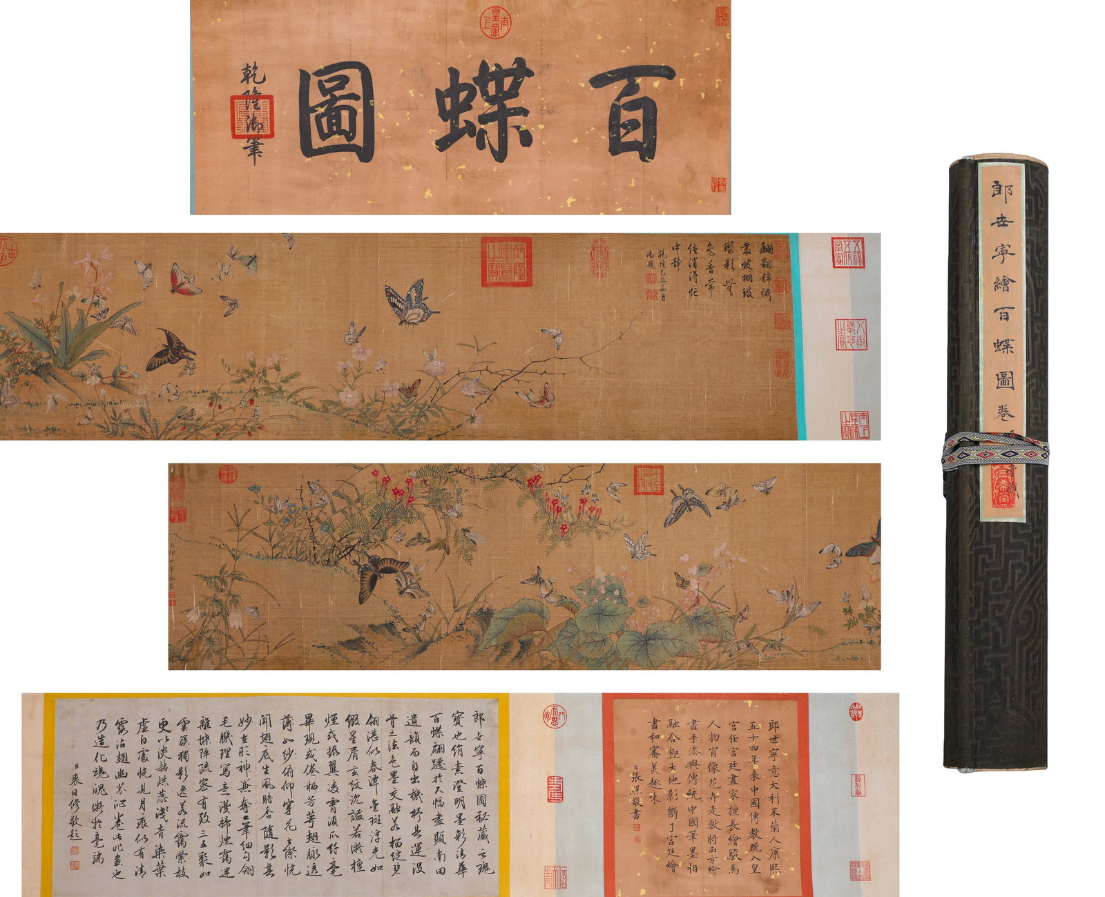 A HUNDRED BUTTERFLIES BY LANG SHINING (1688-1766) OF THE QING DYNASTY: L:450cm(177.17in) W:39cm(15.35in)A classic Sino-Western integrated court masterpiece by Italian painter Giuseppe Castiglione. It depicts numerous vivid butterflies among blooming wild flowers, integra