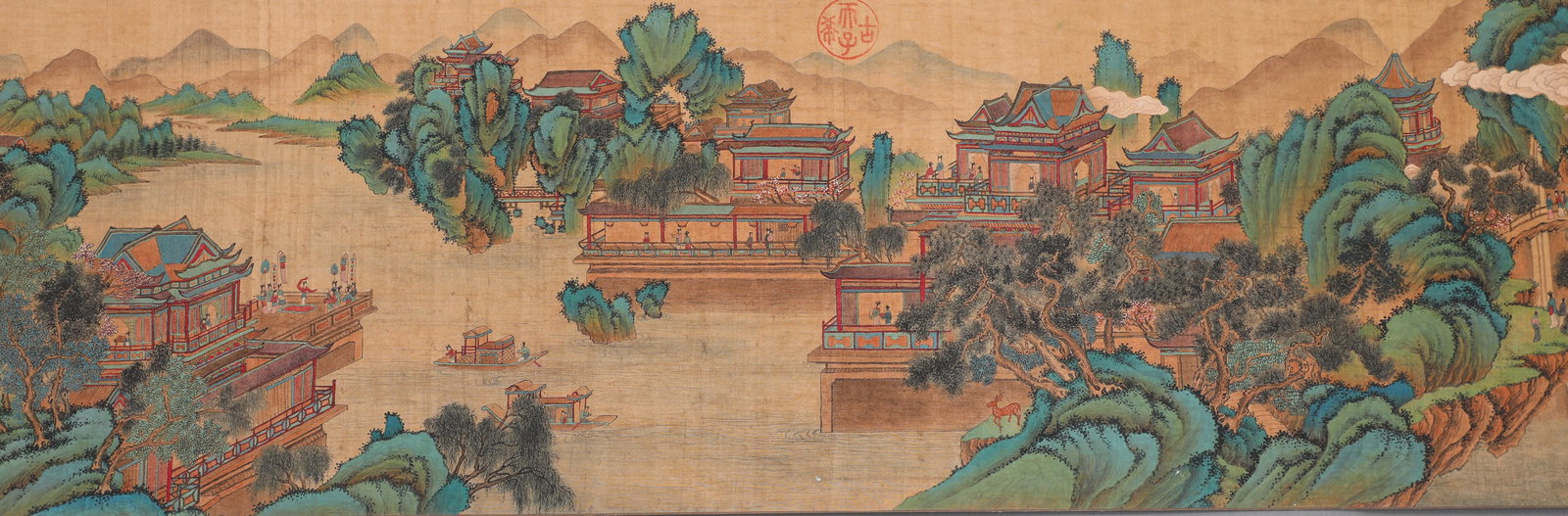 YUAN ZHAO MENGFU (1254-1322) GAO OF THE JADE POOL: L:590cm (232.28in) W:38cm (14.96in)Based on the myth of the Queen Mother of the West’s fairy gathering, the painting features lush green mountains, exquisite palaces and ethereal misty scenery. Inte