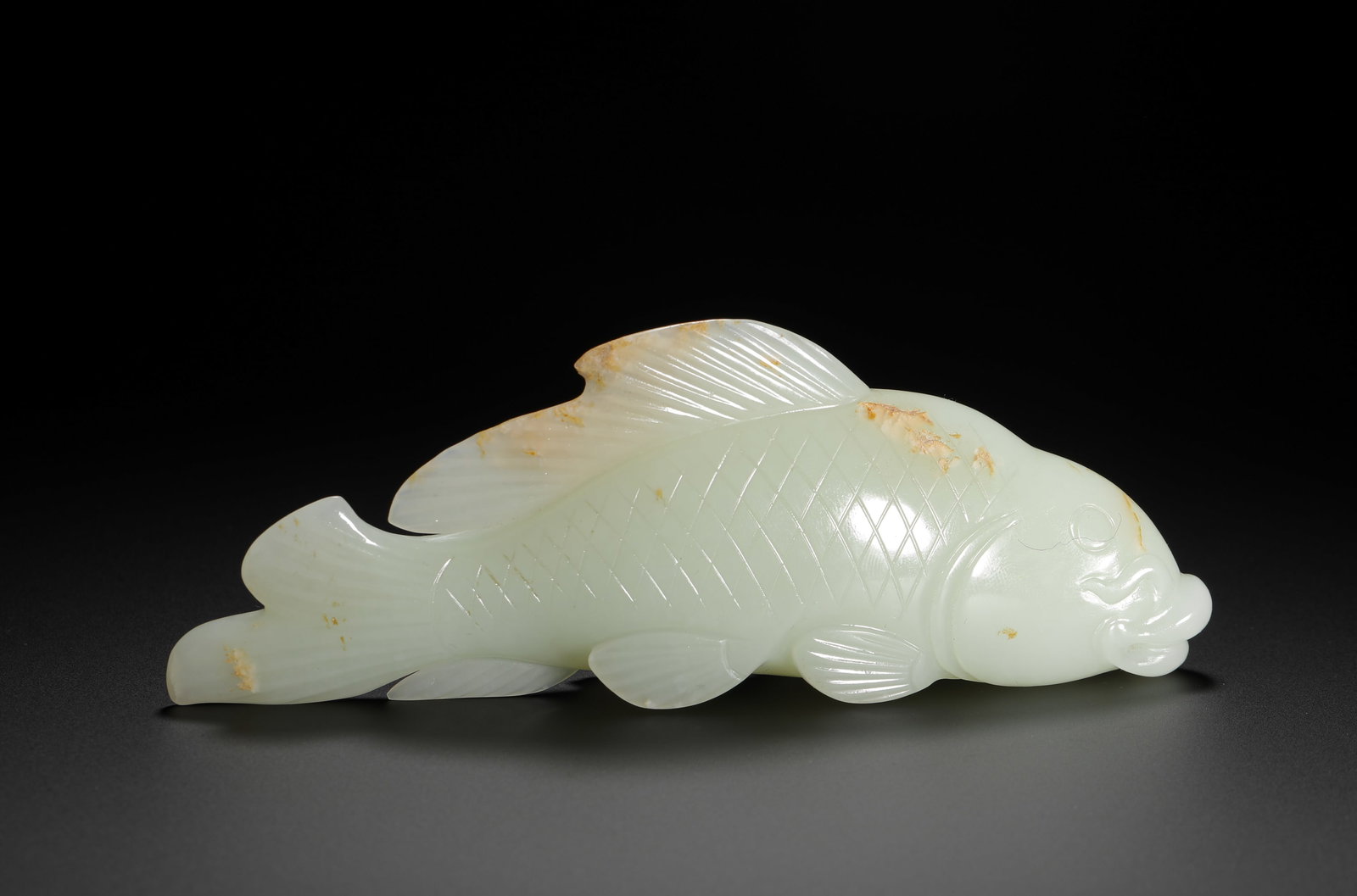 QING DYNASTY HETIAN WHITE JADE FISH ORNAMENT WITH SKIN AND SURPLUS EVERY YEAR (1 of 9)