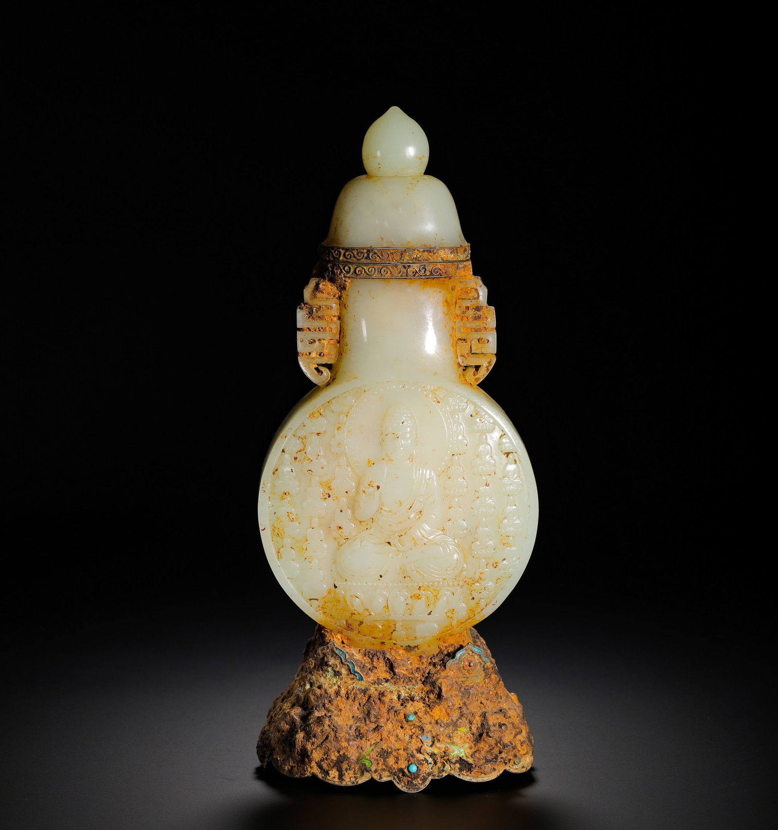 QING DYNASTY HETIAN JADE EMBOSSED BUDDHA STATUE VASE (WITH GILDED COPPER BASE) (1 of 13)