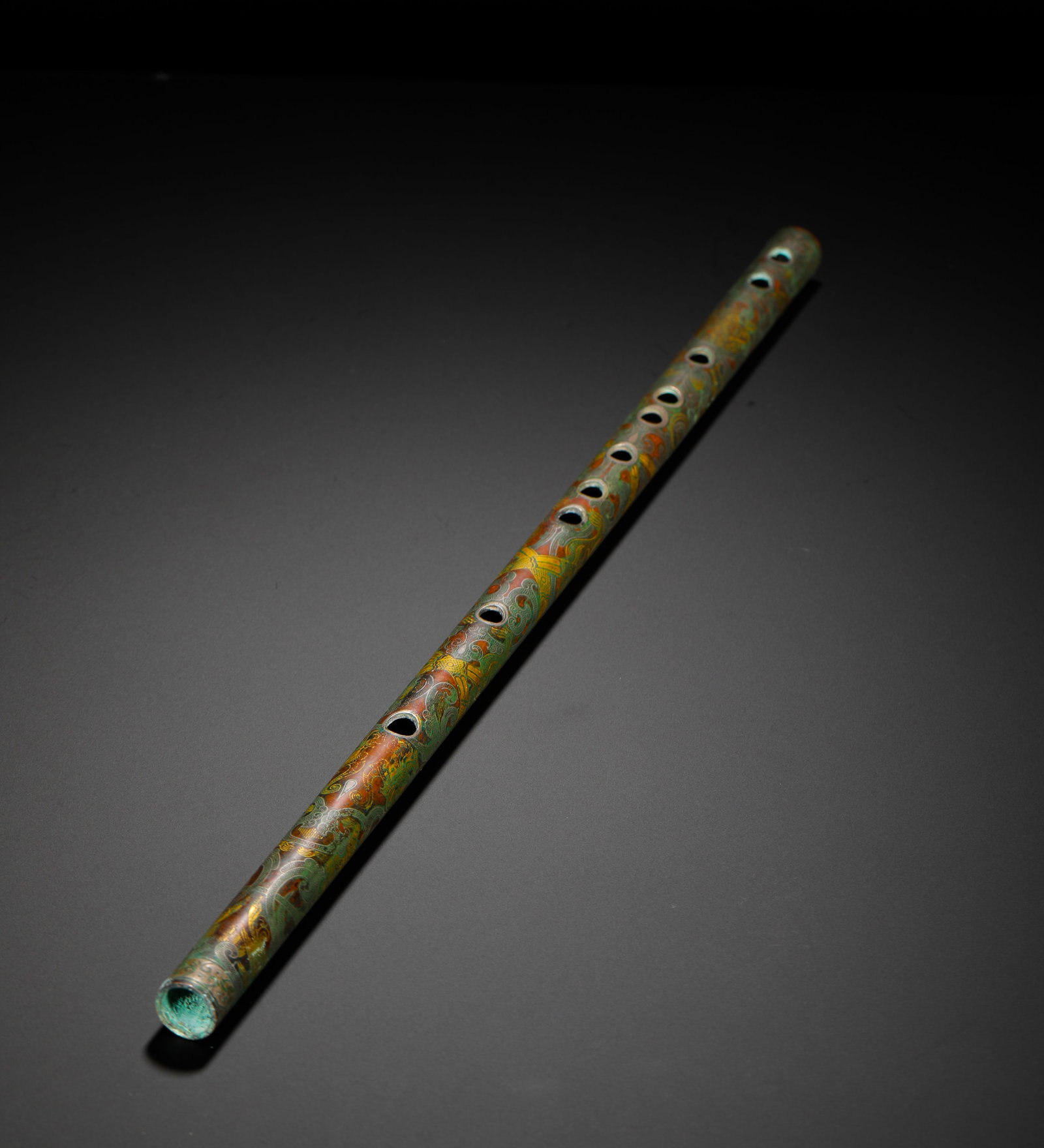 QIN CUO GOLD AND SILVER FULLY CRAFTED COILED DRAGON PATTERN BRONZE FLUTE (1 of 11)