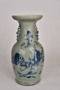 Qing, blue and white birthday bottle: Qing, blue and white birthday bottle 清，青花寿星瓶 Dimensions: H,33cm