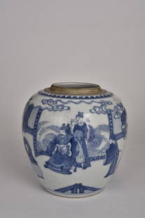 Qing, blue and white character story jar: Qing, blue and white character story jar 清，青花人物故事罐 Dimensions: H,21.5cm