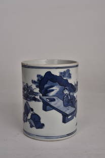 Qing, blue and white character pen holder: Qing, blue and white character pen holder 清，青花人物笔筒 Dimensions: H,14cm