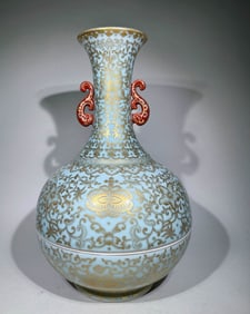 QING DYNASTY SHADOW BLUE AND GOLD CONJOINED BOTTLE