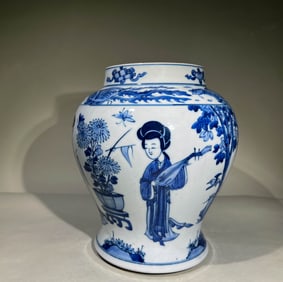 QING DYNASTY BLUE AND WHITE MAID CHARACTER GENERAL JAR
