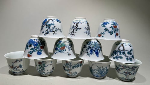 QING DYNASTY DOUCAI TWELVE FLOWER GOD CUP