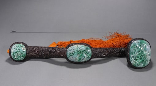 QING DYNASTY RED SANDALWOOD INLAID WITH JADE RUYI