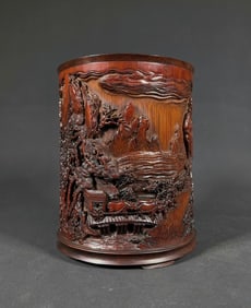 QING DYNASTY BAMBOO CARVED LANDSCAPE FIGURE PEN HOLDER